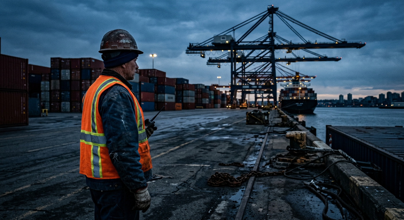 A longshoreman in a hard hat and safety vest watching a ship dock at a container terminal