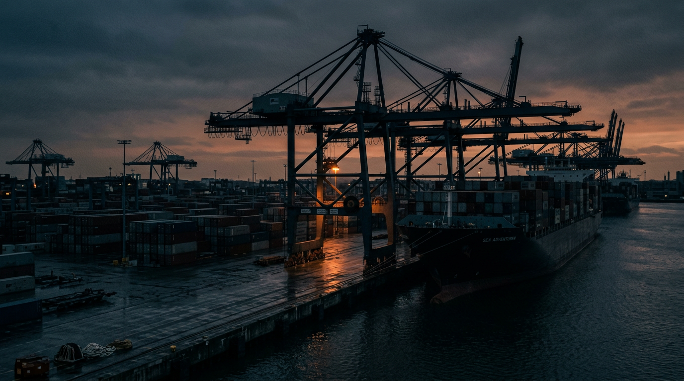 Gantry cranes and a container ship at a shipping terminal at dusk